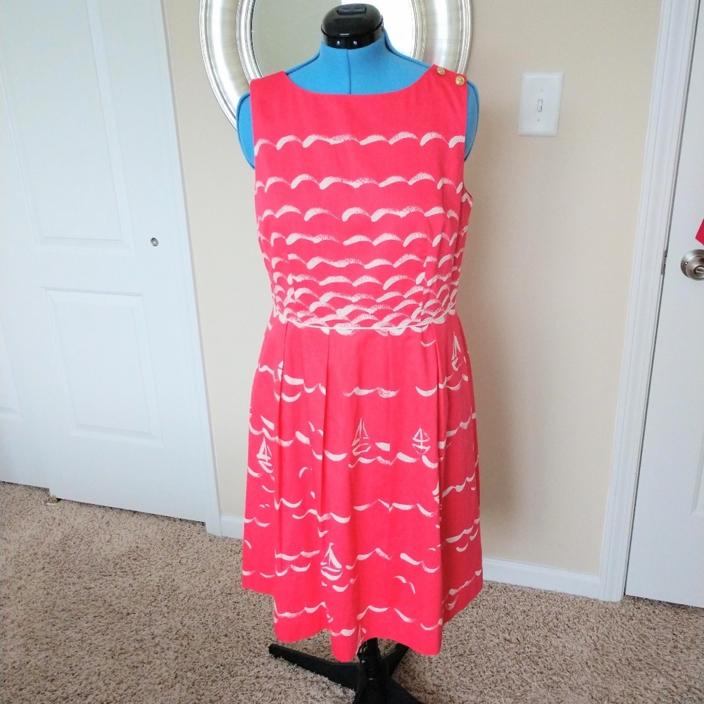 Talbots Sailing boats print Dress Size 14 Coral